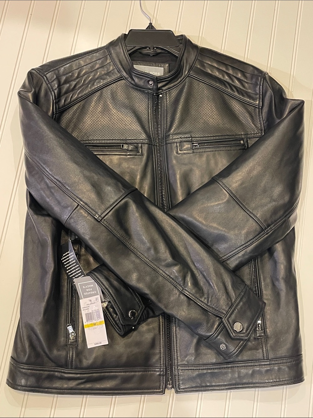 NWT Michael Kors Black Leather Moto Jacket Men’s Medium Quilted Racer Style